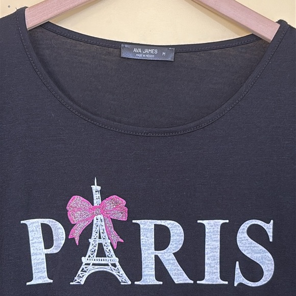Ava James | NWT Black Paris Pink Bow Eiffel Tower Rounded Hem Short Sleeve Top M - Picture 6 of 13